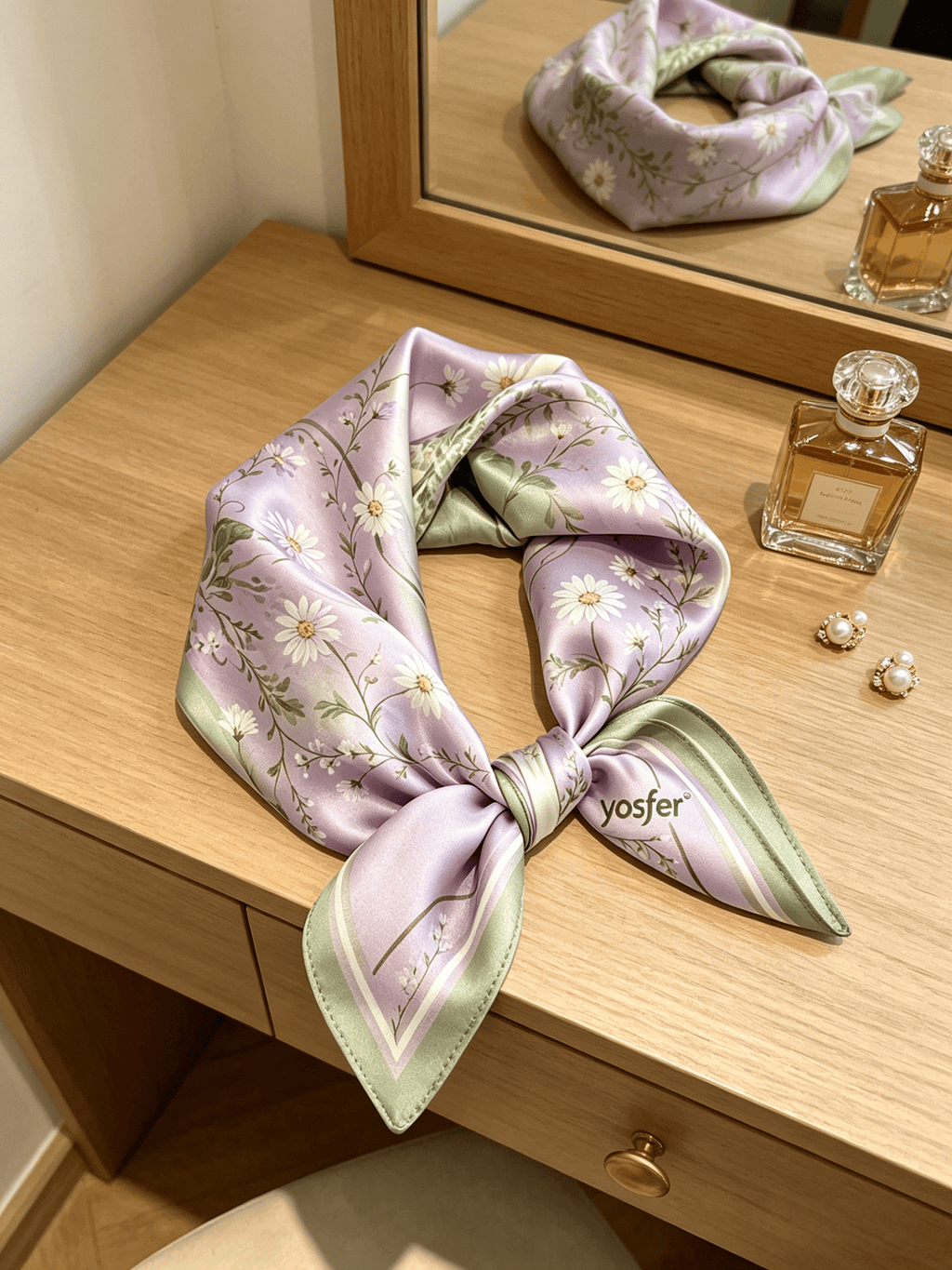 Yosfer Lavender Watercolor Daisy Print Satin Neckerchief