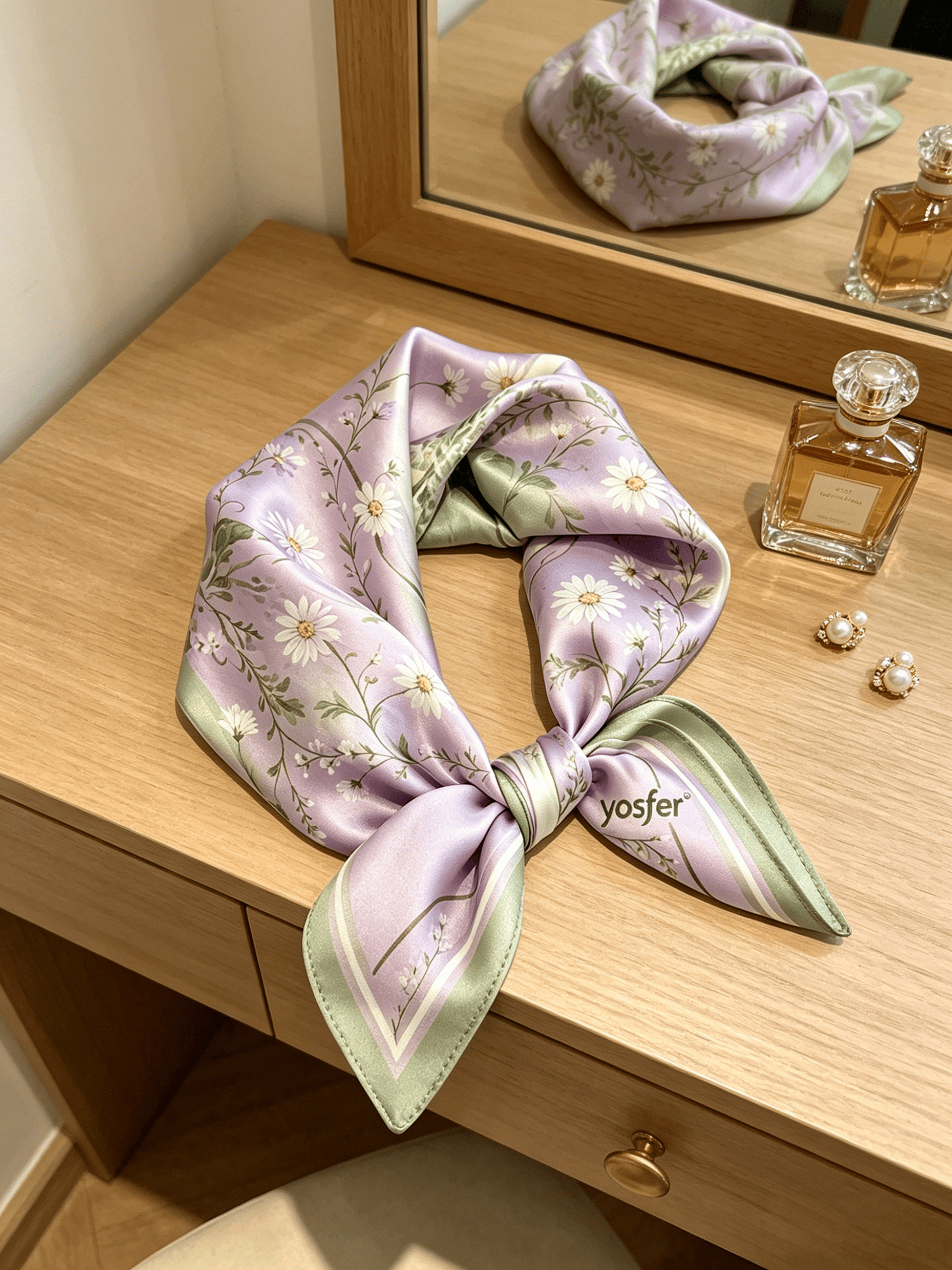 Yosfer Lavender Watercolor Daisy Print Satin Neckerchief