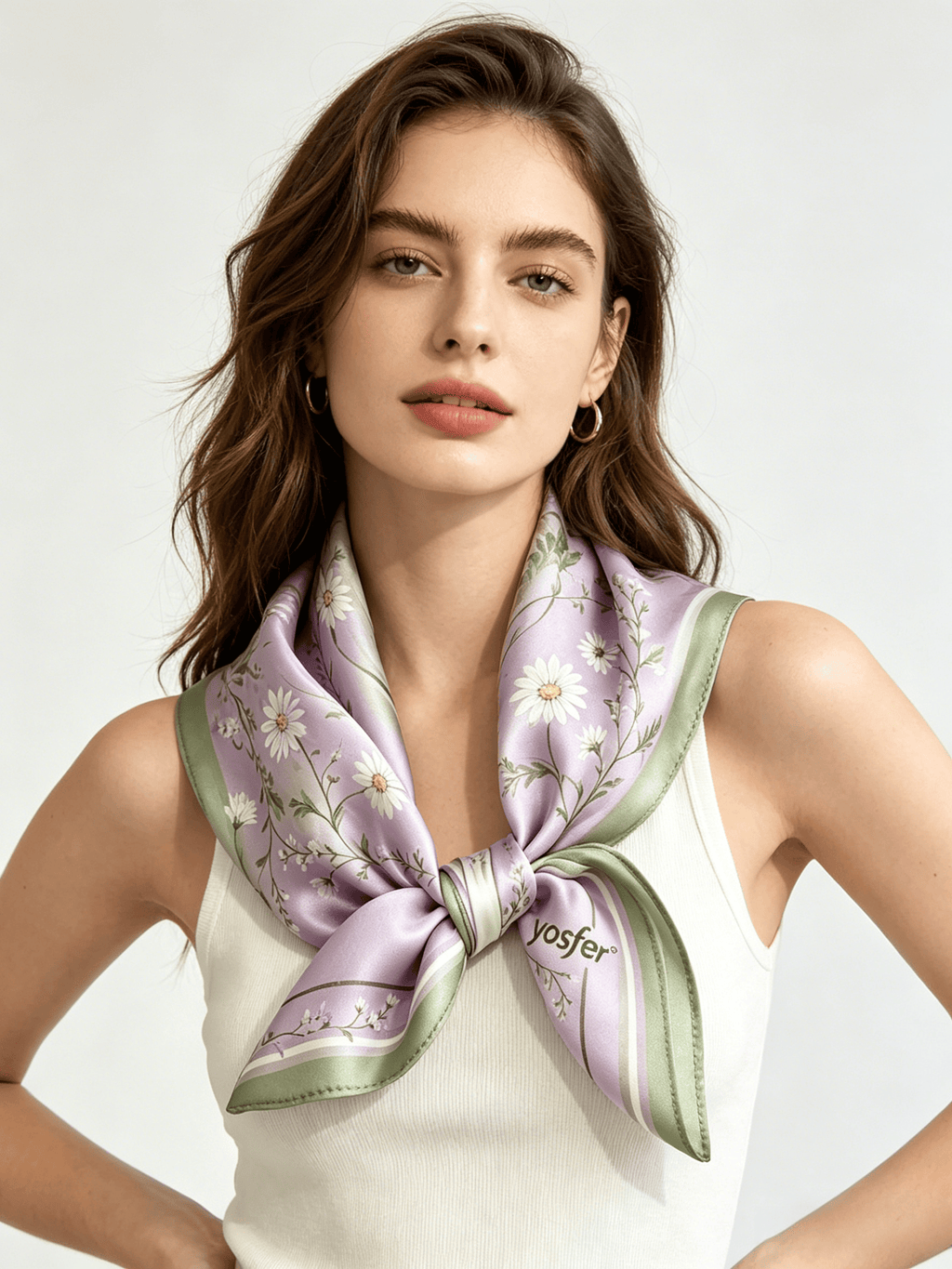 Yosfer Lavender Watercolor Daisy Print Satin Neckerchief