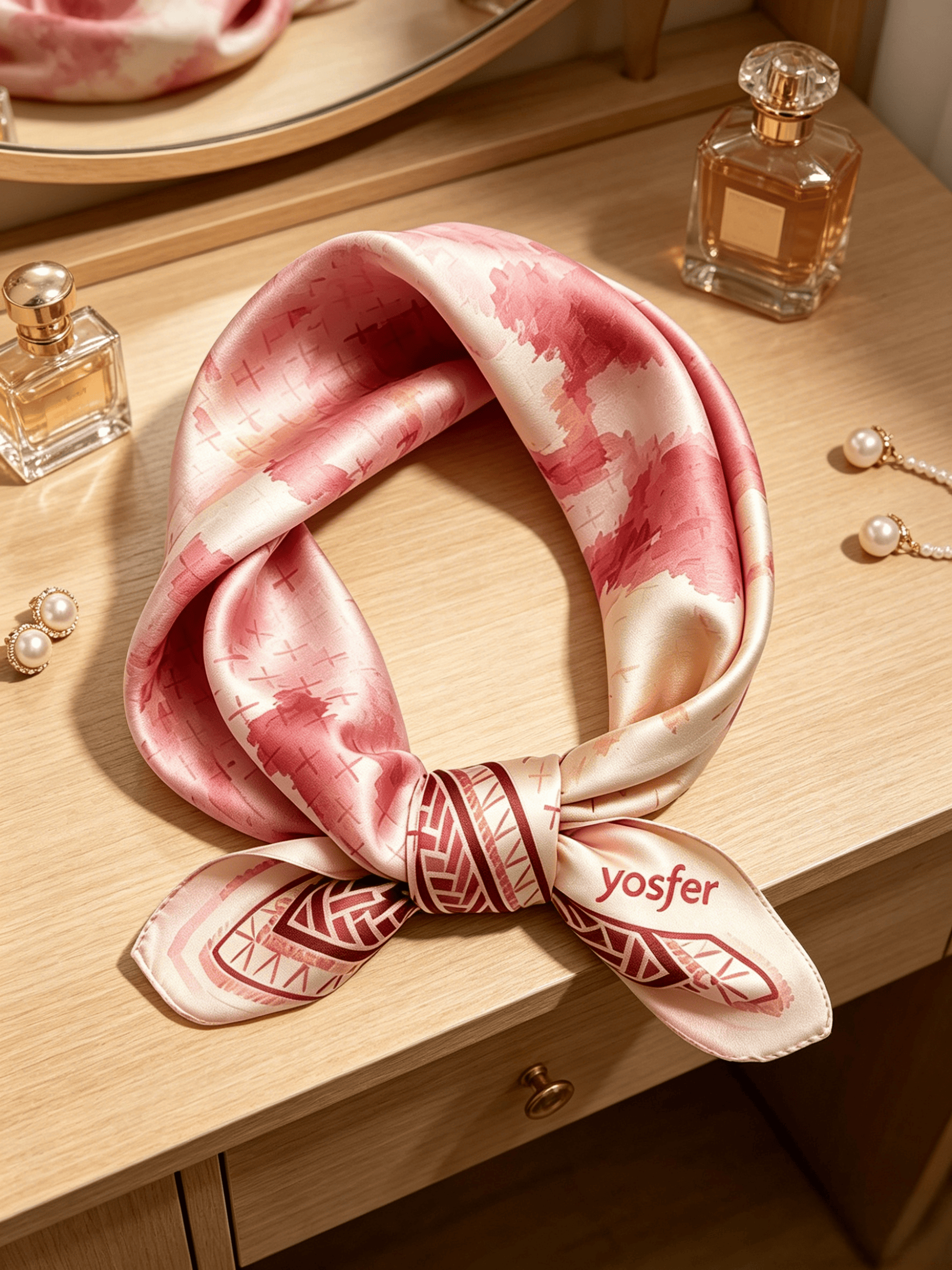 Yosfer Blush Pink Watercolor & Geometric Satin Neckerchief