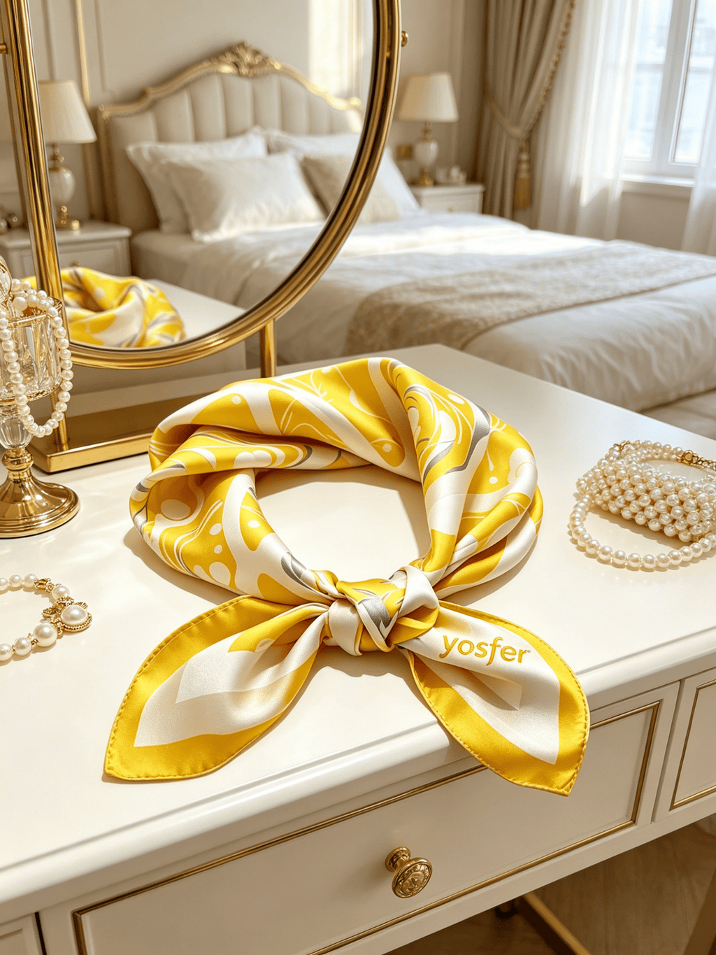 Yosfer Bright Yellow & White Abstract Swirl Satin Neckerchief