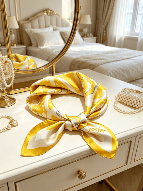 Yosfer Bright Yellow & White Abstract Swirl Satin Neckerchief