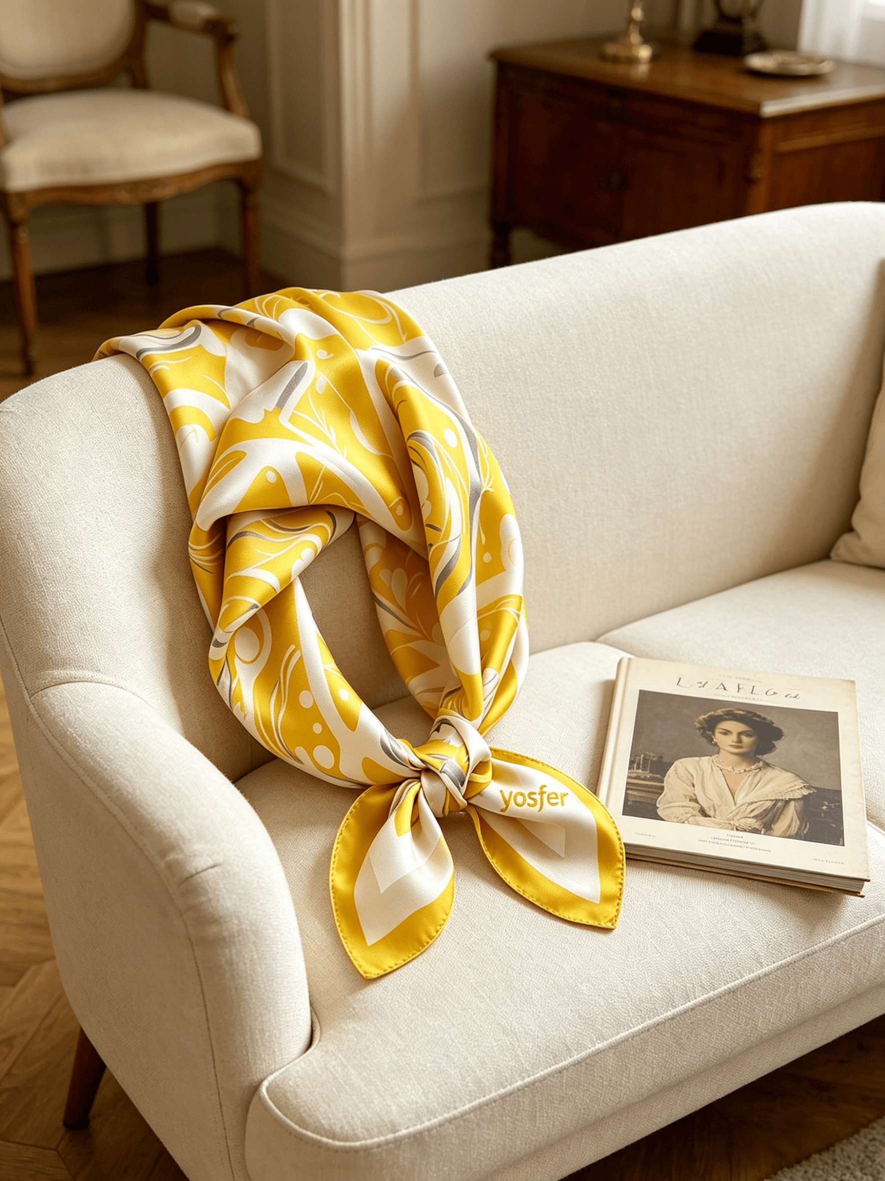 Yosfer Bright Yellow & White Abstract Swirl Satin Neckerchief