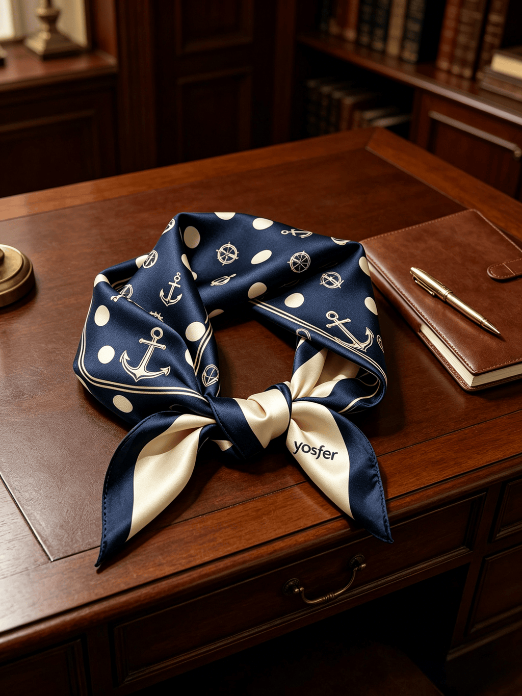 Yosfer Navy Blue Nautical Anchor & Polka Dot Satin Neckerchief