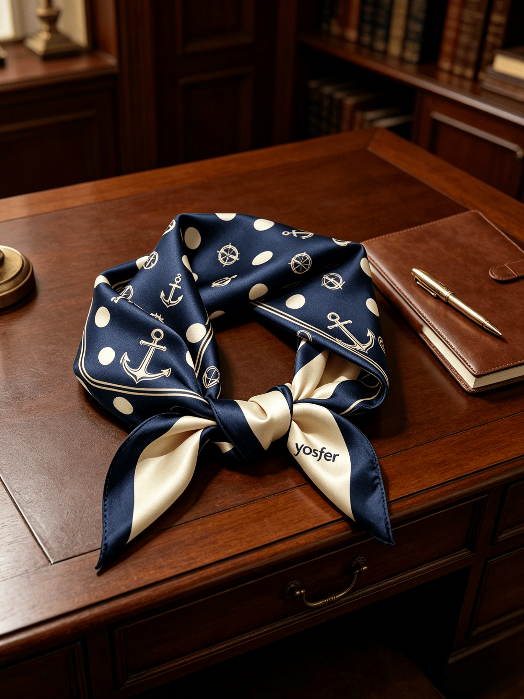 Yosfer Navy Blue Nautical Anchor & Polka Dot Satin Neckerchief