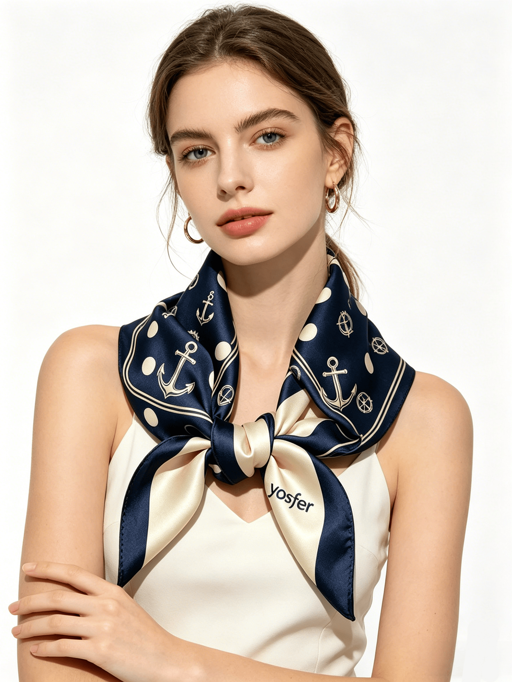 Yosfer Navy Blue Nautical Anchor & Polka Dot Satin Neckerchief