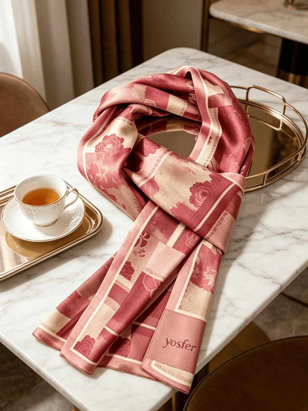 Yosfer Dusty Rose Patchwork Rose Print Satin Long Scarf