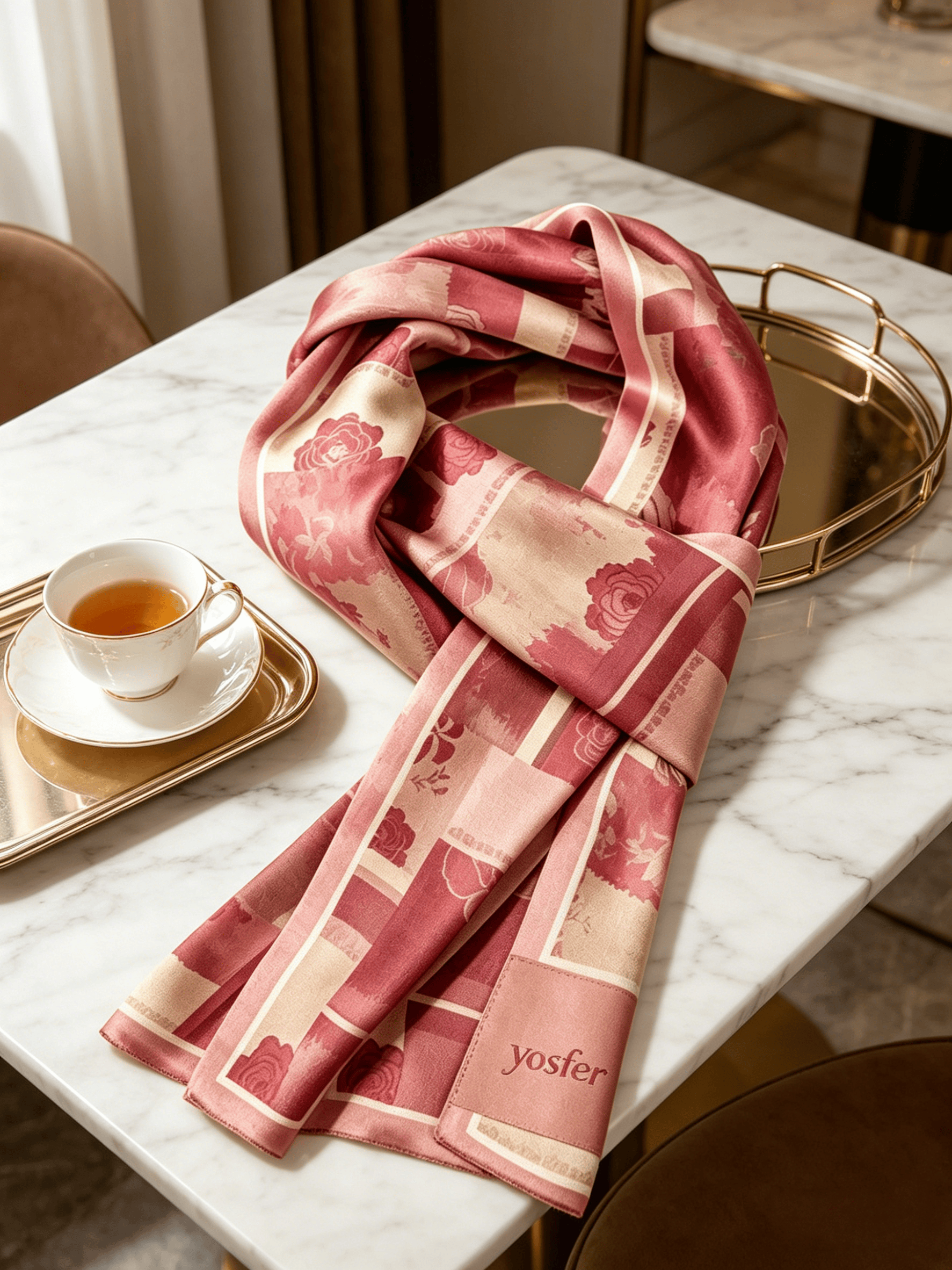 Yosfer Dusty Rose Patchwork Rose Print Satin Long Scarf