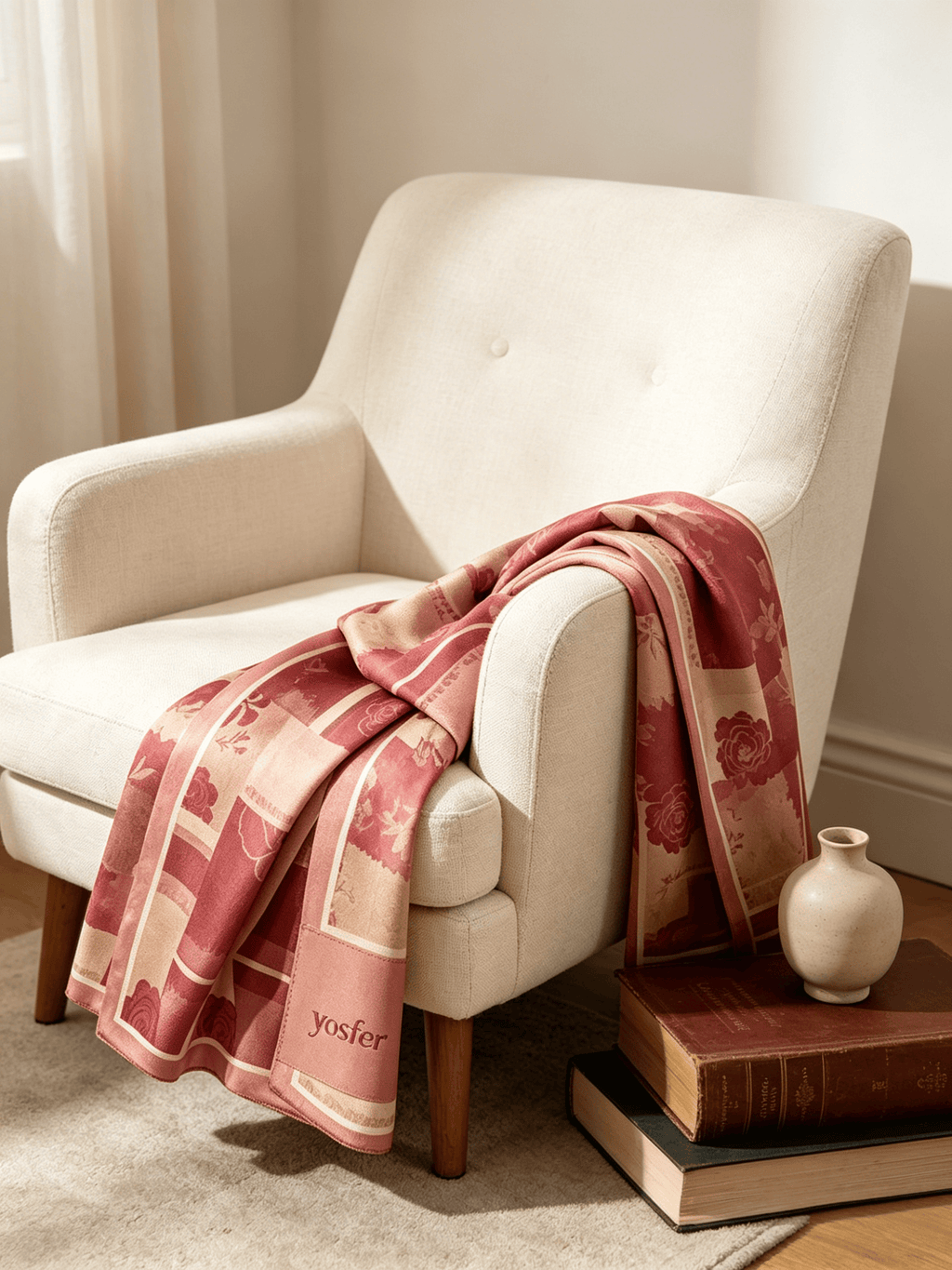 Yosfer Dusty Rose Patchwork Rose Print Satin Long Scarf