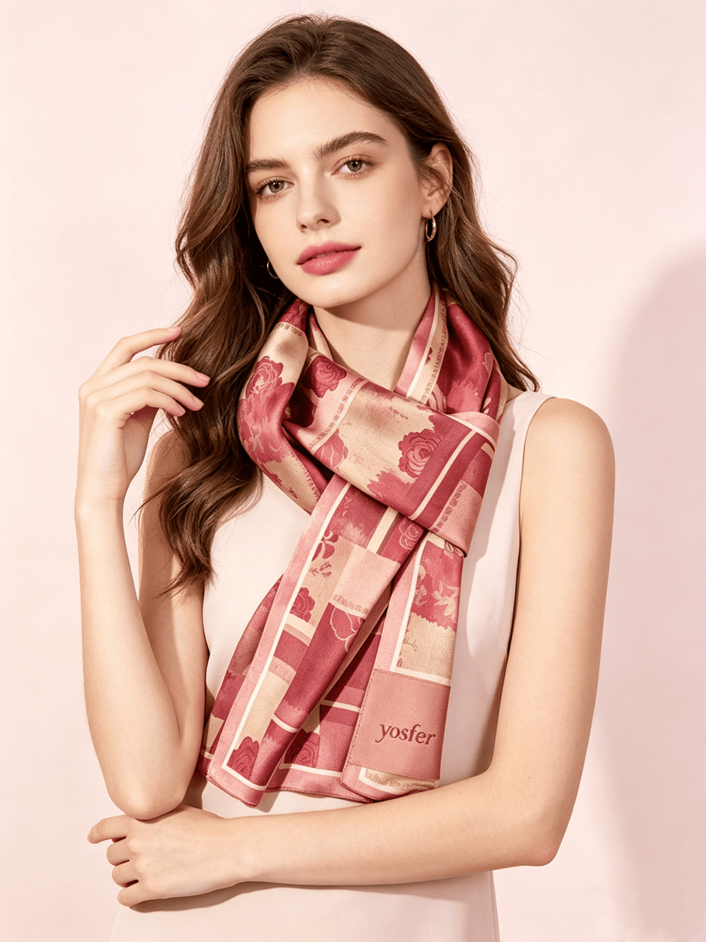 Yosfer Dusty Rose Patchwork Rose Print Satin Long Scarf