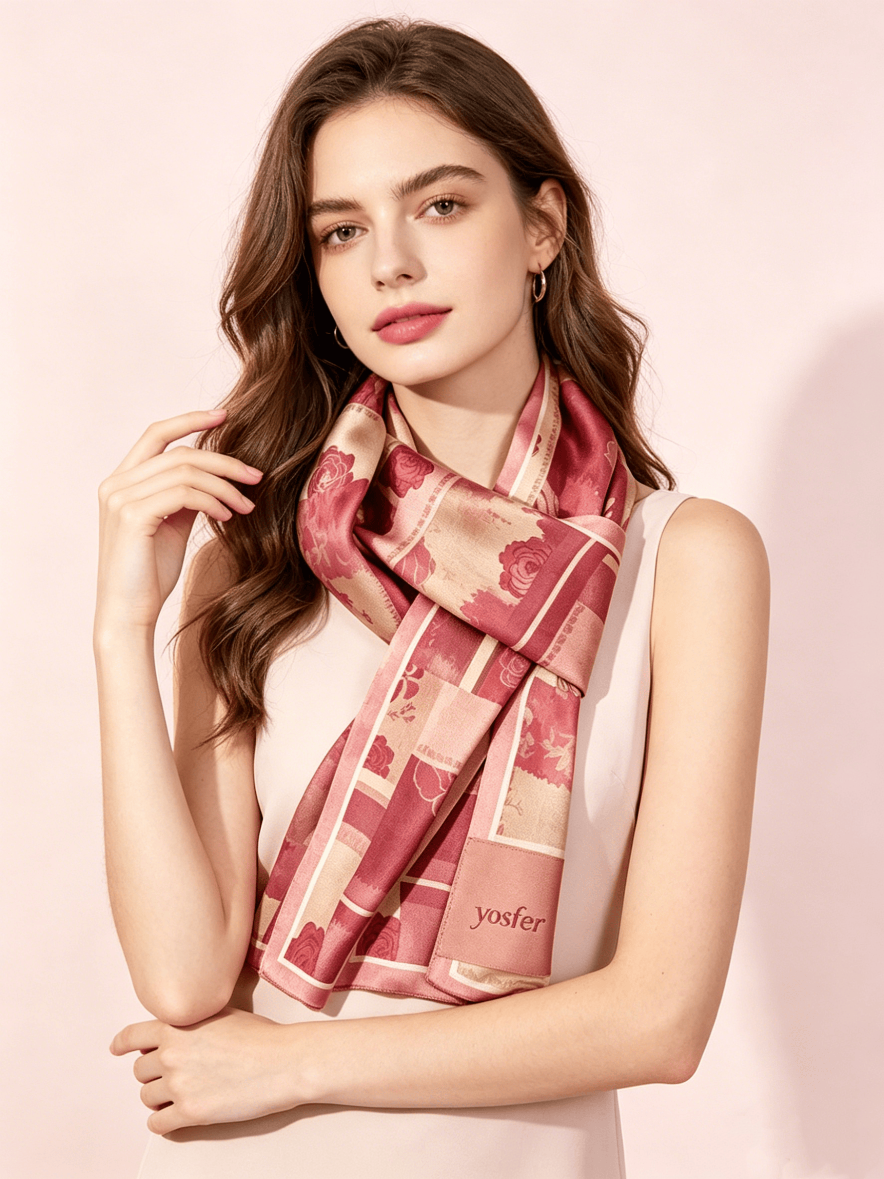 Yosfer Dusty Rose Patchwork Rose Print Satin Long Scarf