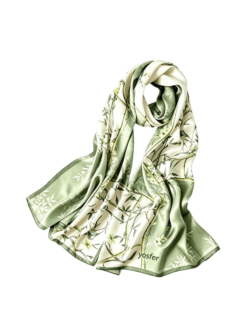 Yosfer Elegant Oriental Bamboo & Flower Satin Long Scarf