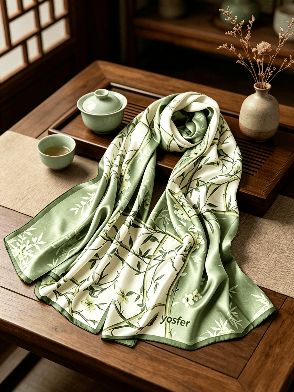 Yosfer Elegant Oriental Bamboo & Flower Satin Long Scarf