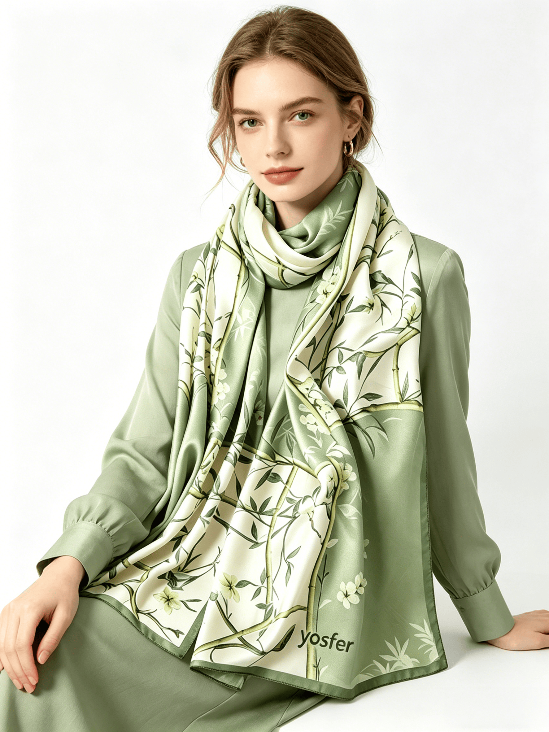 Yosfer Elegant Oriental Bamboo & Flower Satin Long Scarf