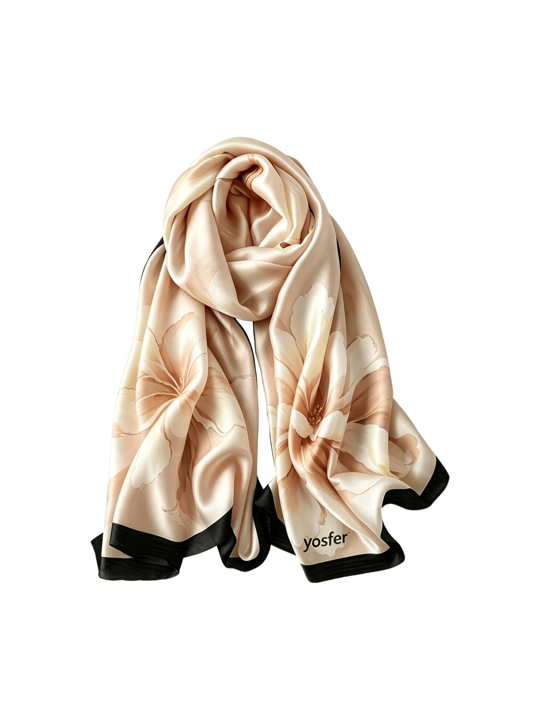 Yosfer Soft Champagne Watercolor Flower Silk Long Scarf
