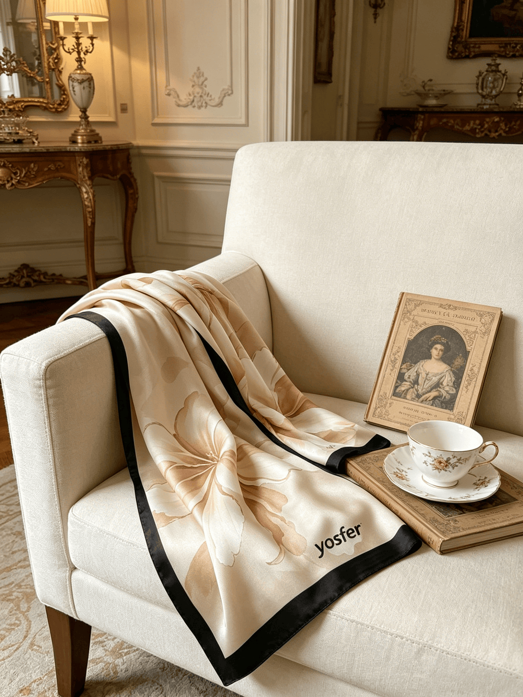 Yosfer Soft Champagne Watercolor Flower Silk Long Scarf