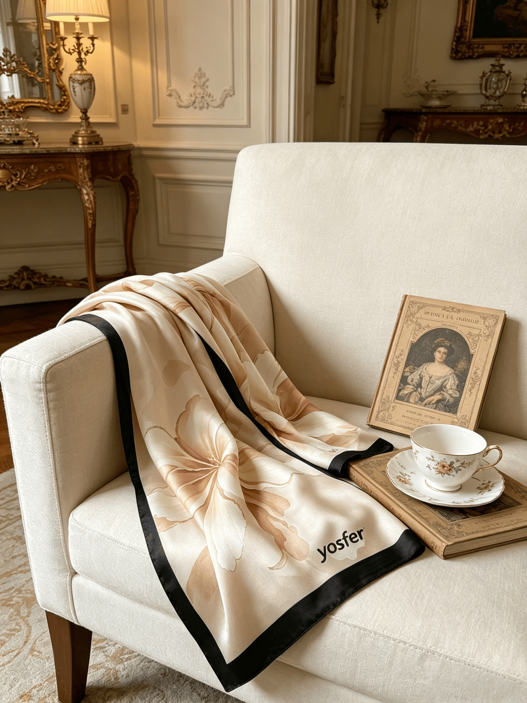 Yosfer Soft Champagne Watercolor Flower Silk Long Scarf