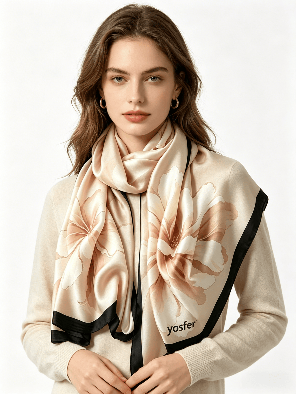 Yosfer Soft Champagne Watercolor Flower Silk Long Scarf