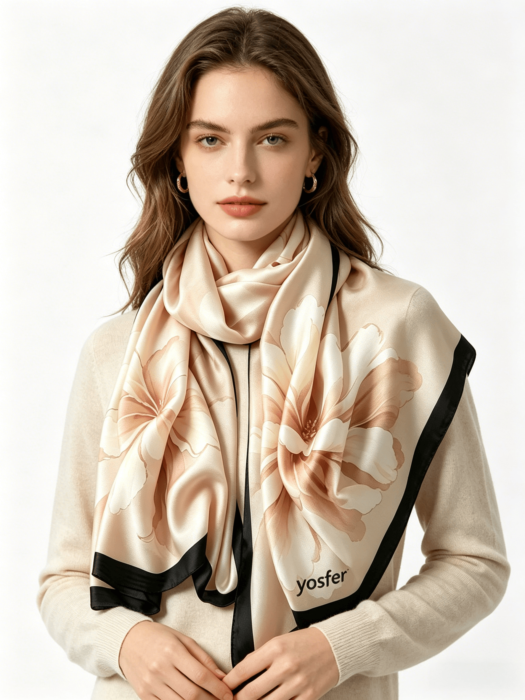 Yosfer Soft Champagne Watercolor Flower Silk Long Scarf