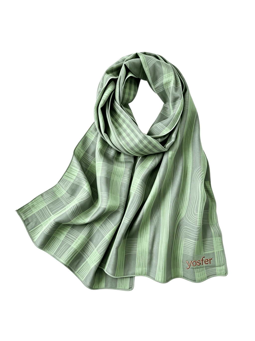 Yosfer Minimalist Green Plaid Stripe Satin Long Scarf