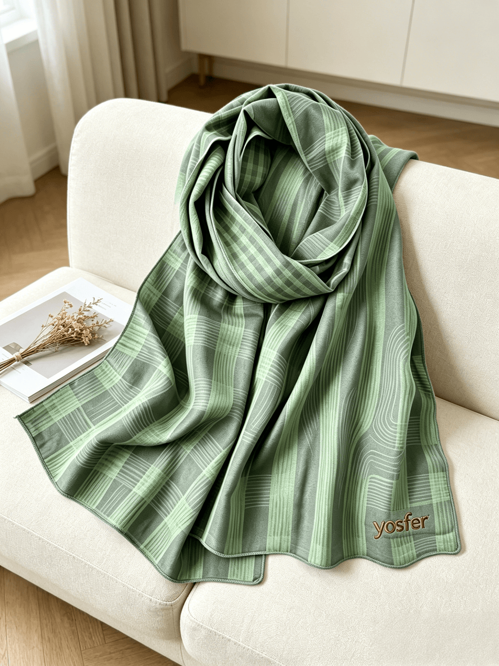 Yosfer Minimalist Green Plaid Stripe Satin Long Scarf