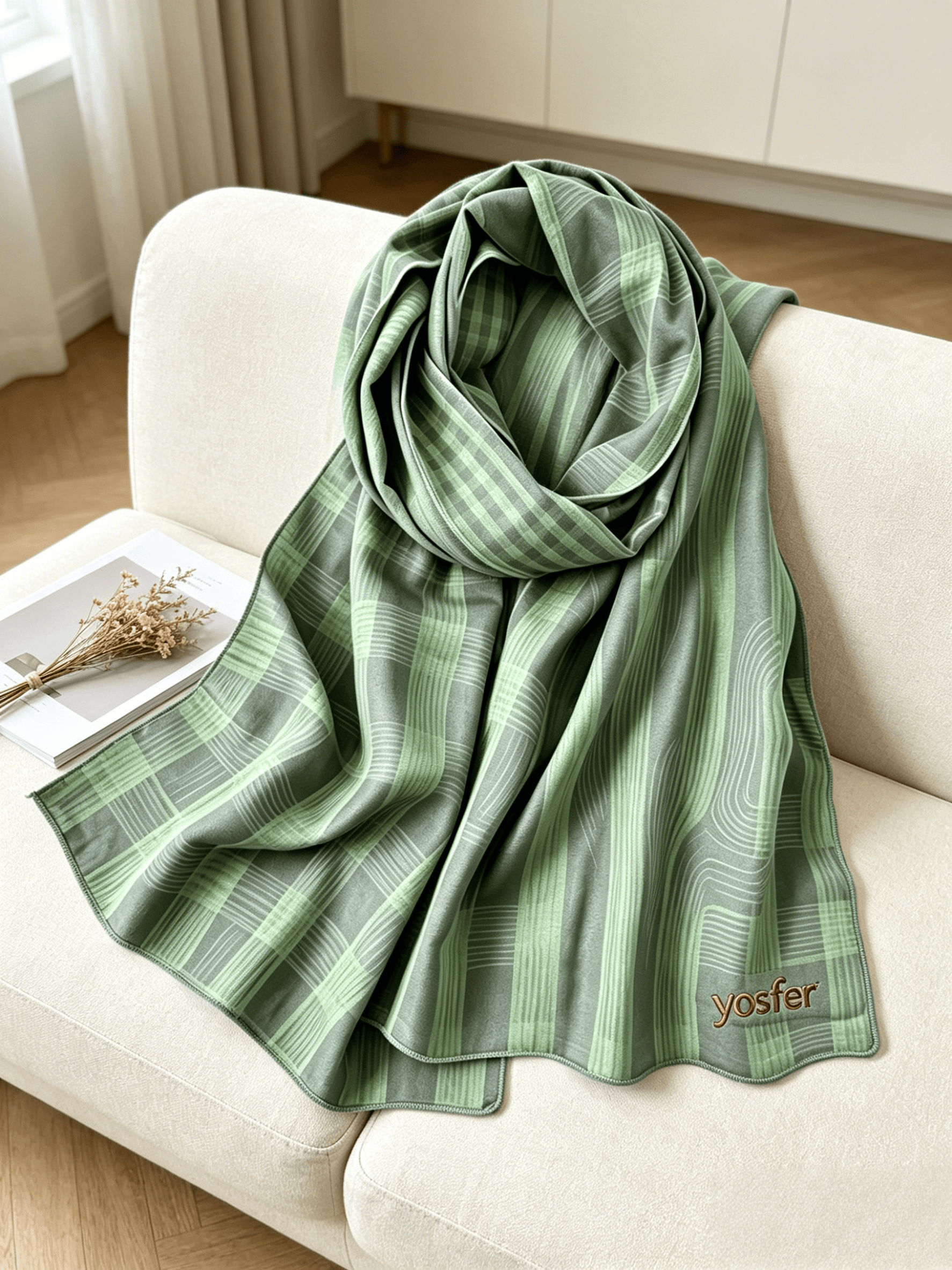 Yosfer Minimalist Green Plaid Stripe Satin Long Scarf