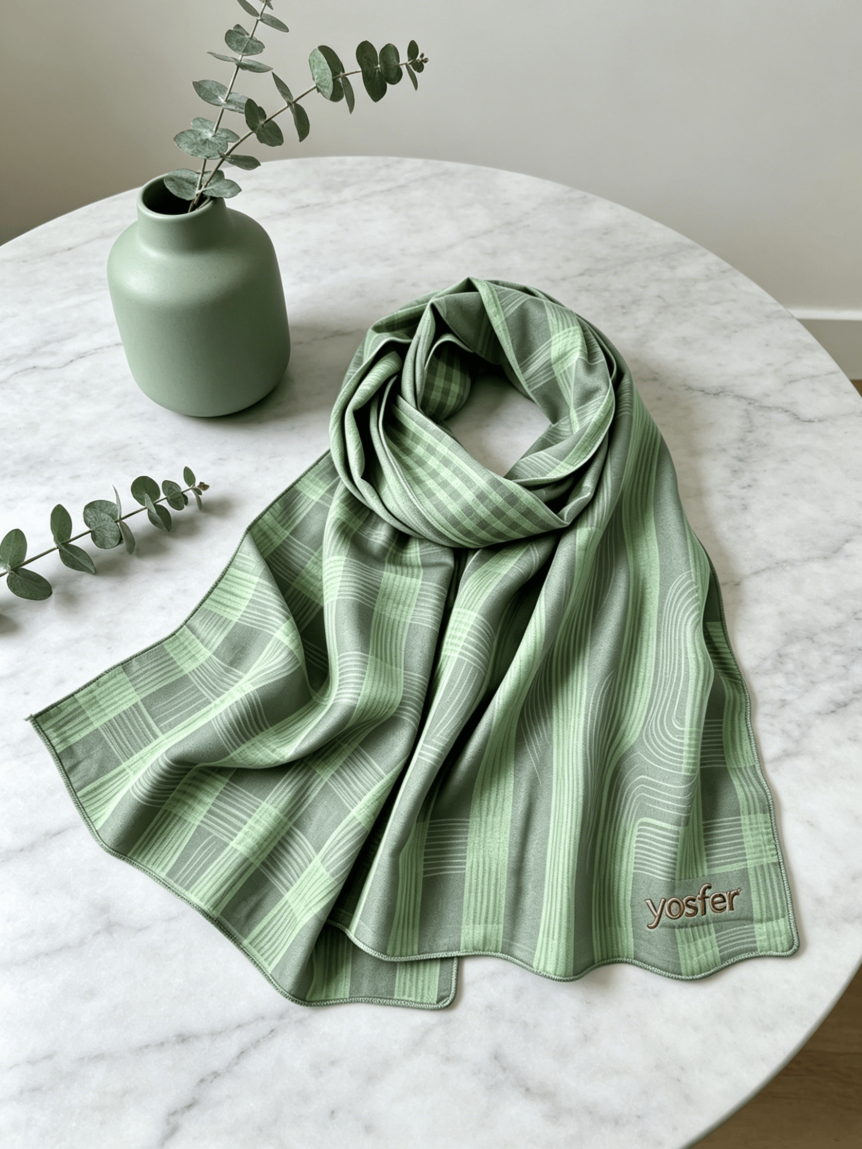 Yosfer Minimalist Green Plaid Stripe Satin Long Scarf