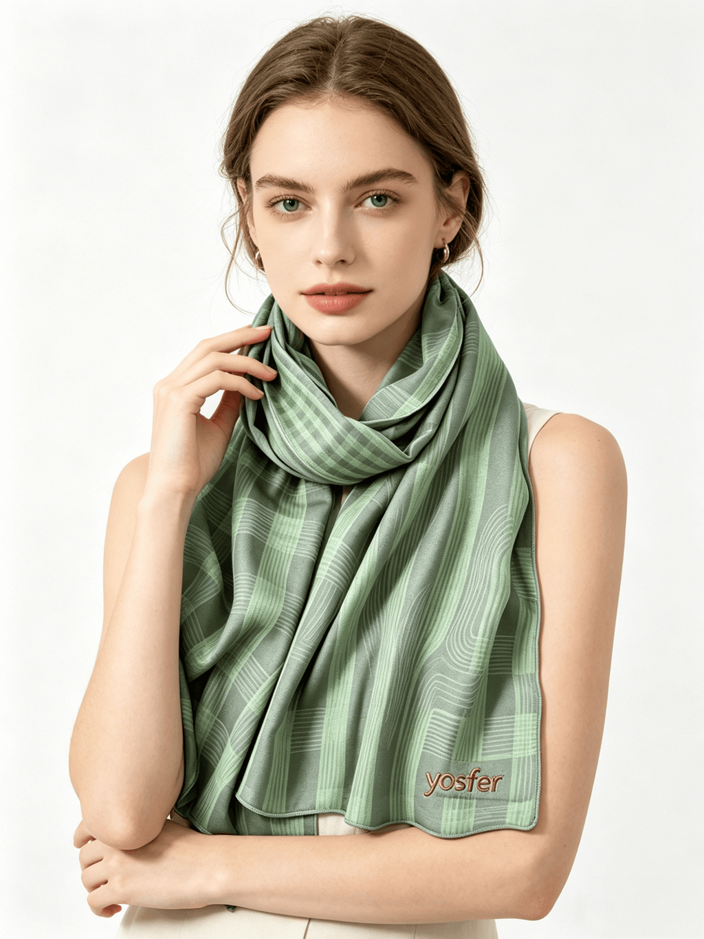 Yosfer Minimalist Green Plaid Stripe Satin Long Scarf