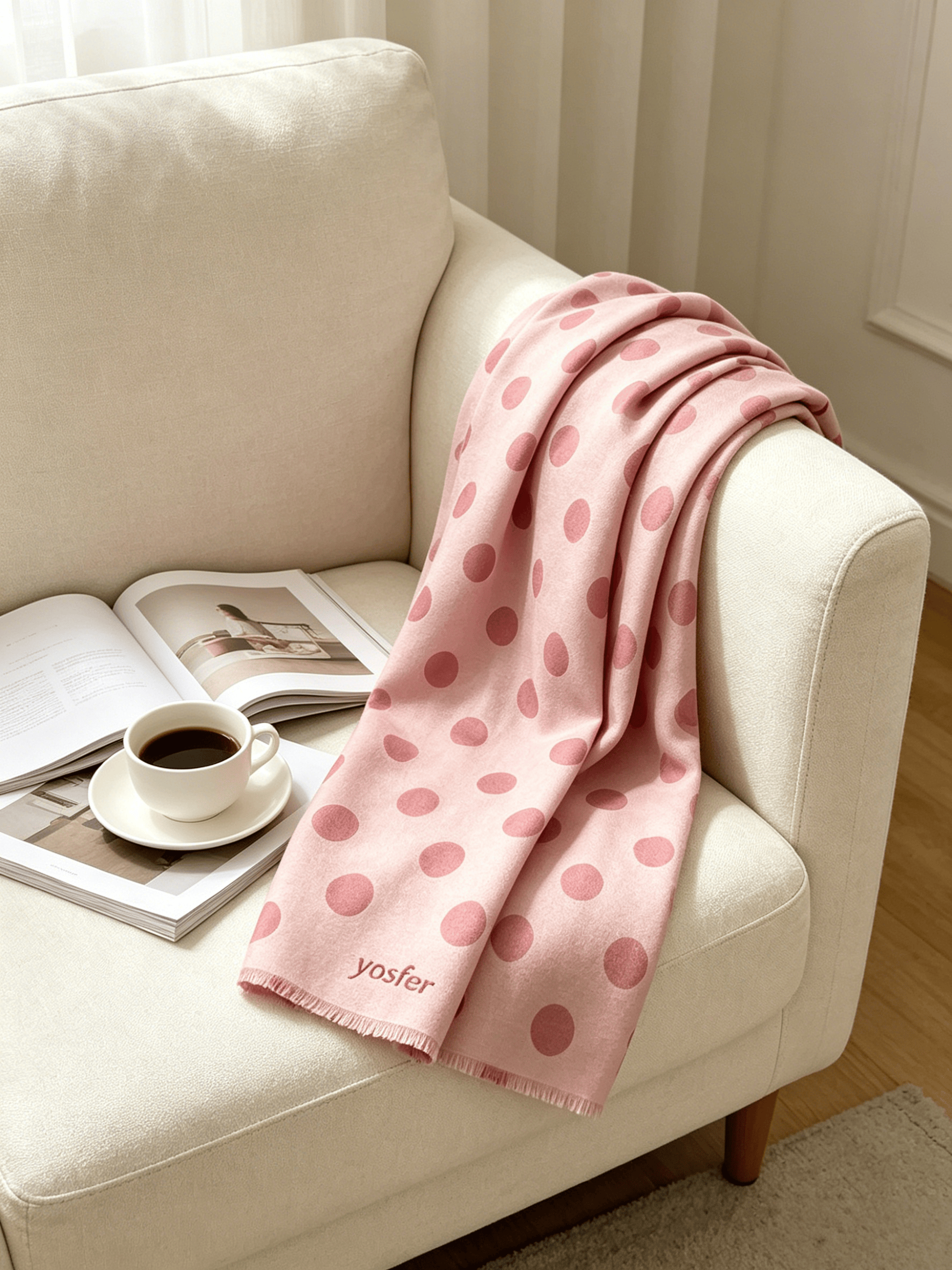 Yosfer Retro Pink Tone Polka Dot Fringed Long Scarf
