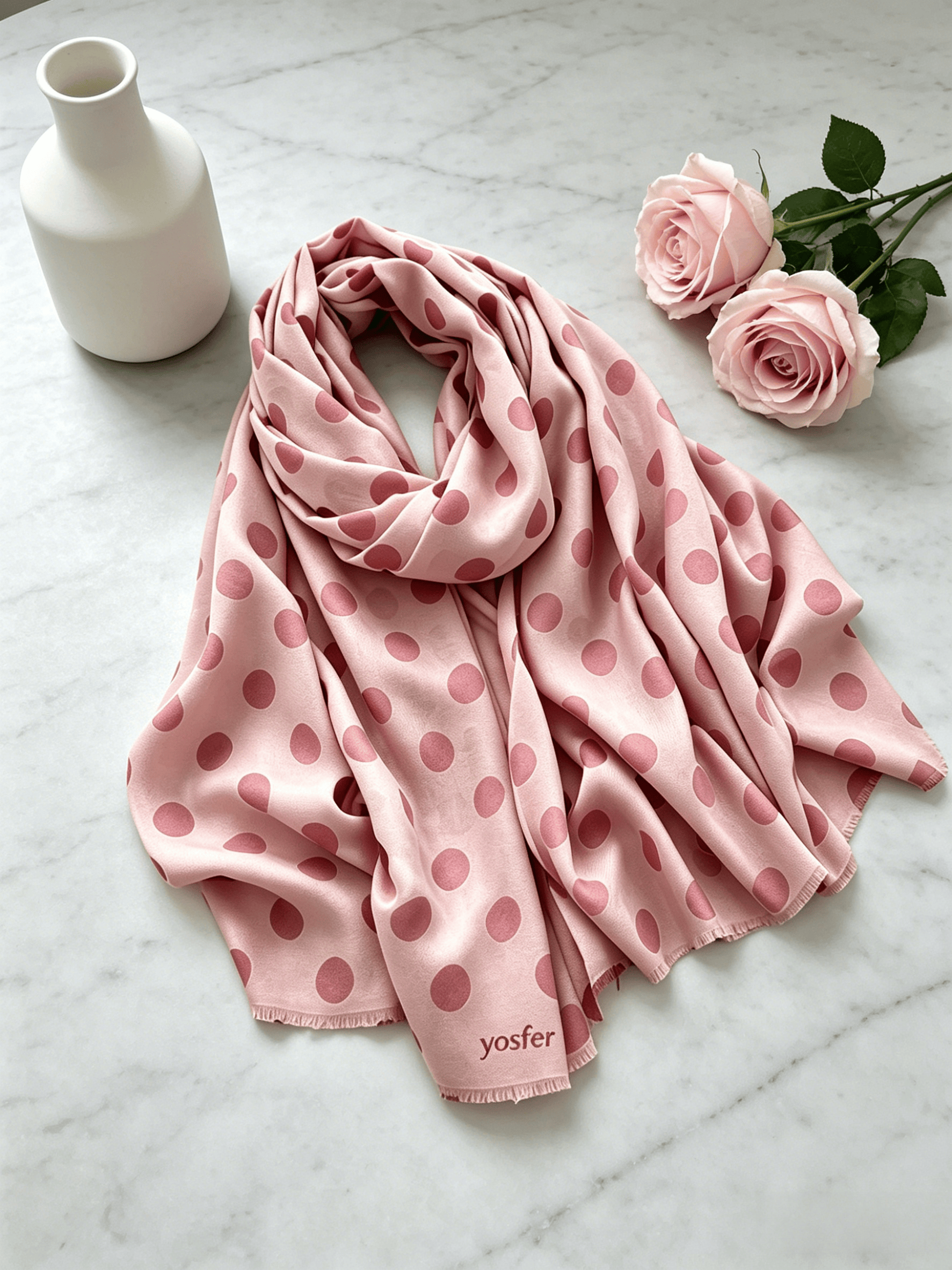 Yosfer Retro Pink Tone Polka Dot Fringed Long Scarf
