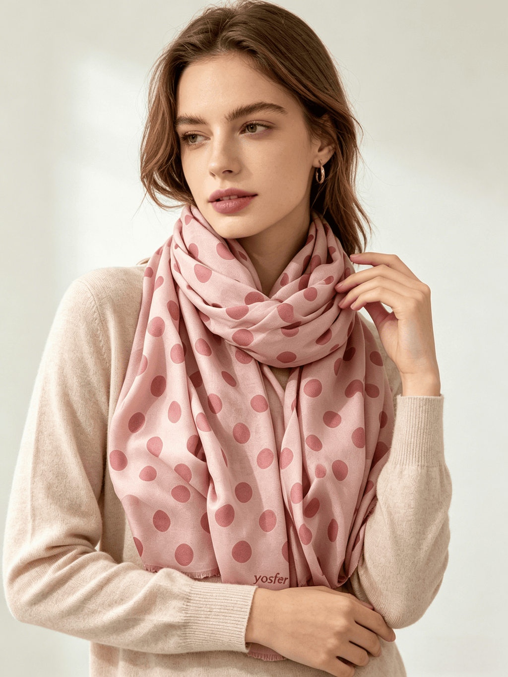 Yosfer Retro Pink Tone Polka Dot Fringed Long Scarf