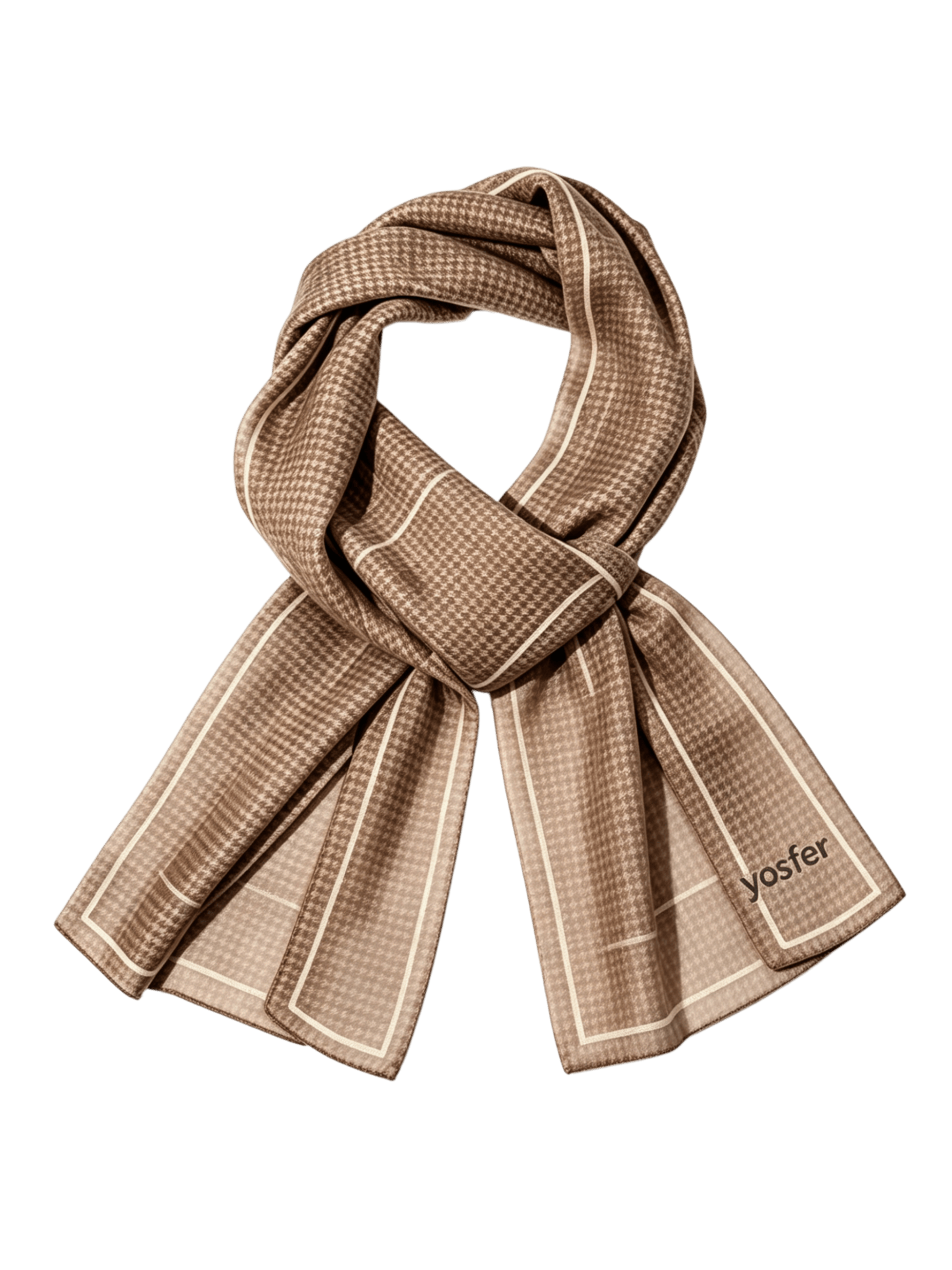 Yosfer Camel Houndstooth Bordered Satin Long Scarf