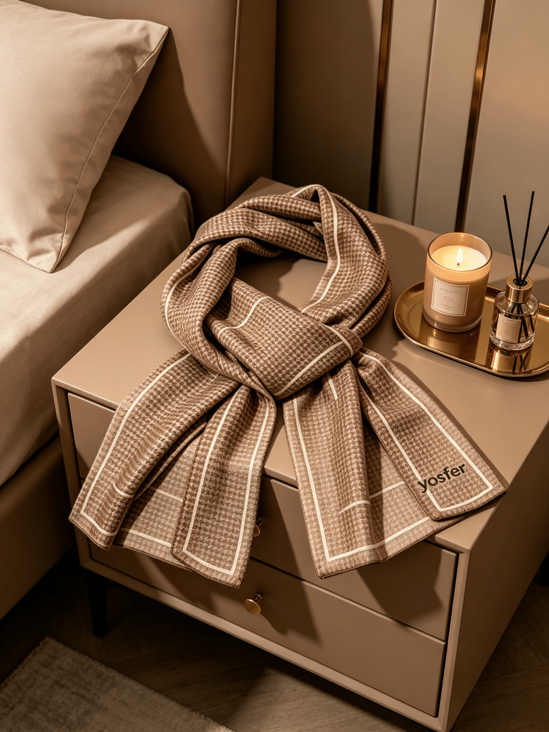 Yosfer Camel Houndstooth Bordered Satin Long Scarf