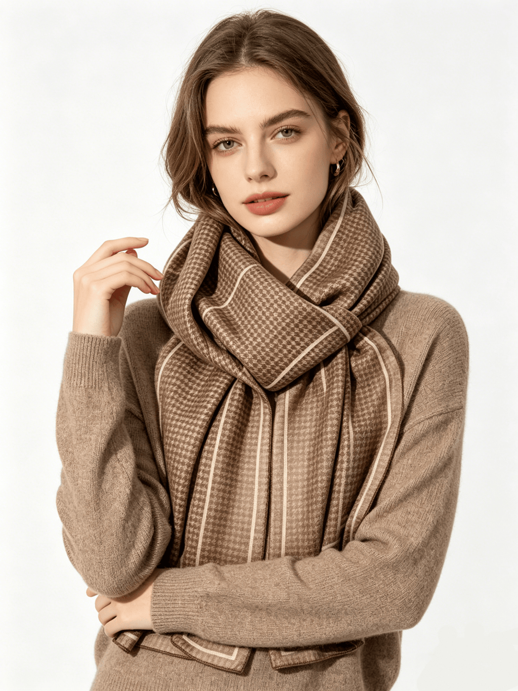 Yosfer Camel Houndstooth Bordered Satin Long Scarf