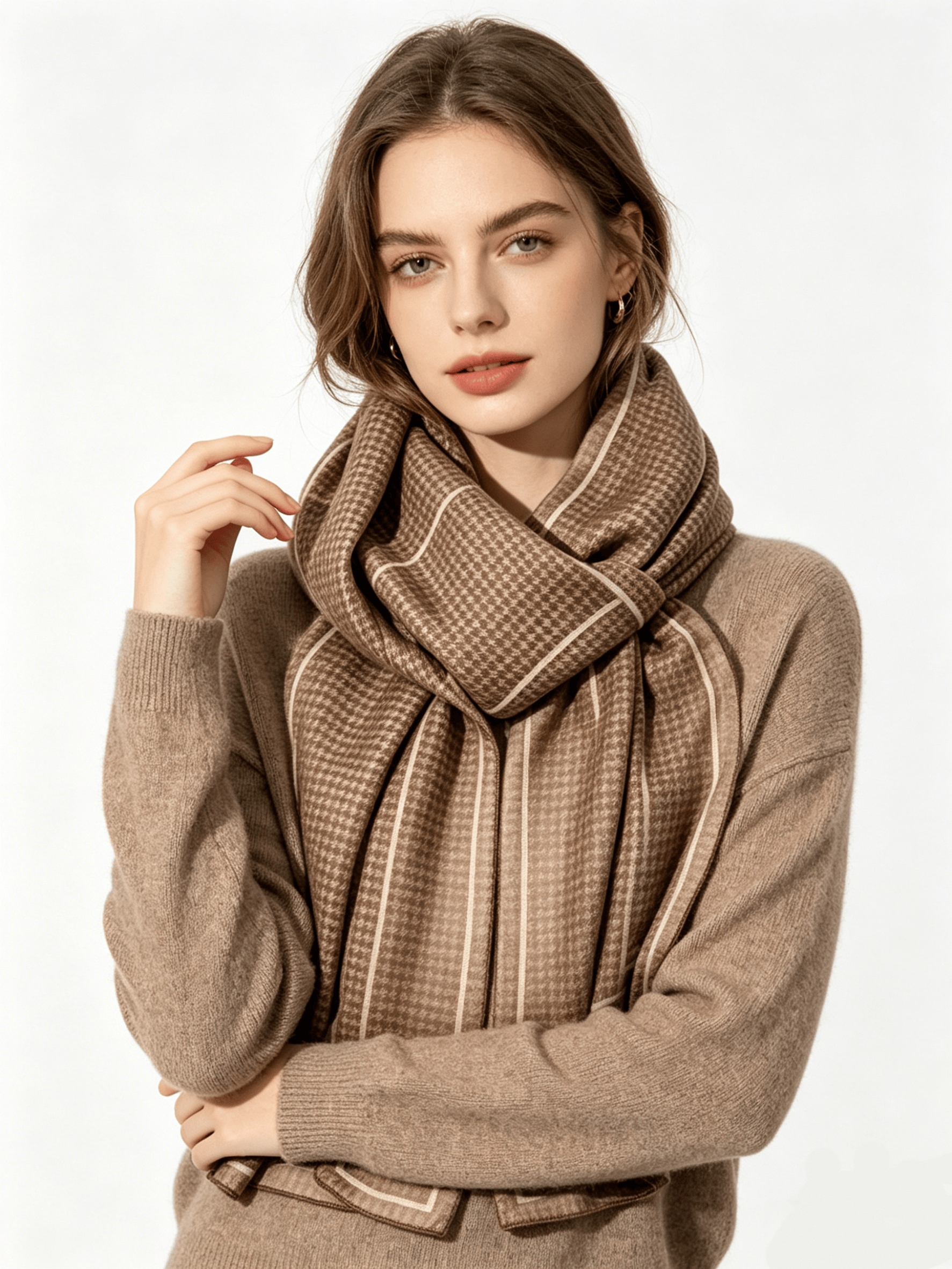 Yosfer Camel Houndstooth Bordered Satin Long Scarf