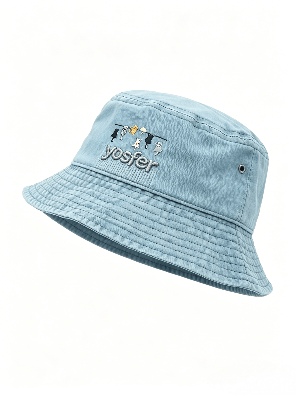 Yosfer Light Blue Cute Cats On A Line Embroidered Fisherman Hat