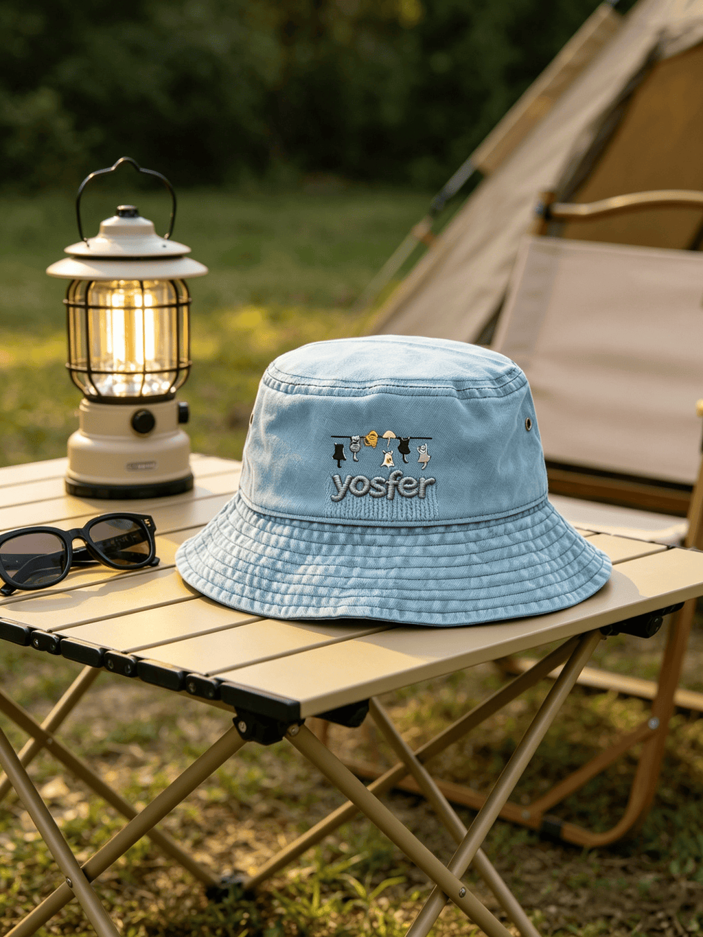 Yosfer Light Blue Cute Cats On A Line Embroidered Fisherman Hat