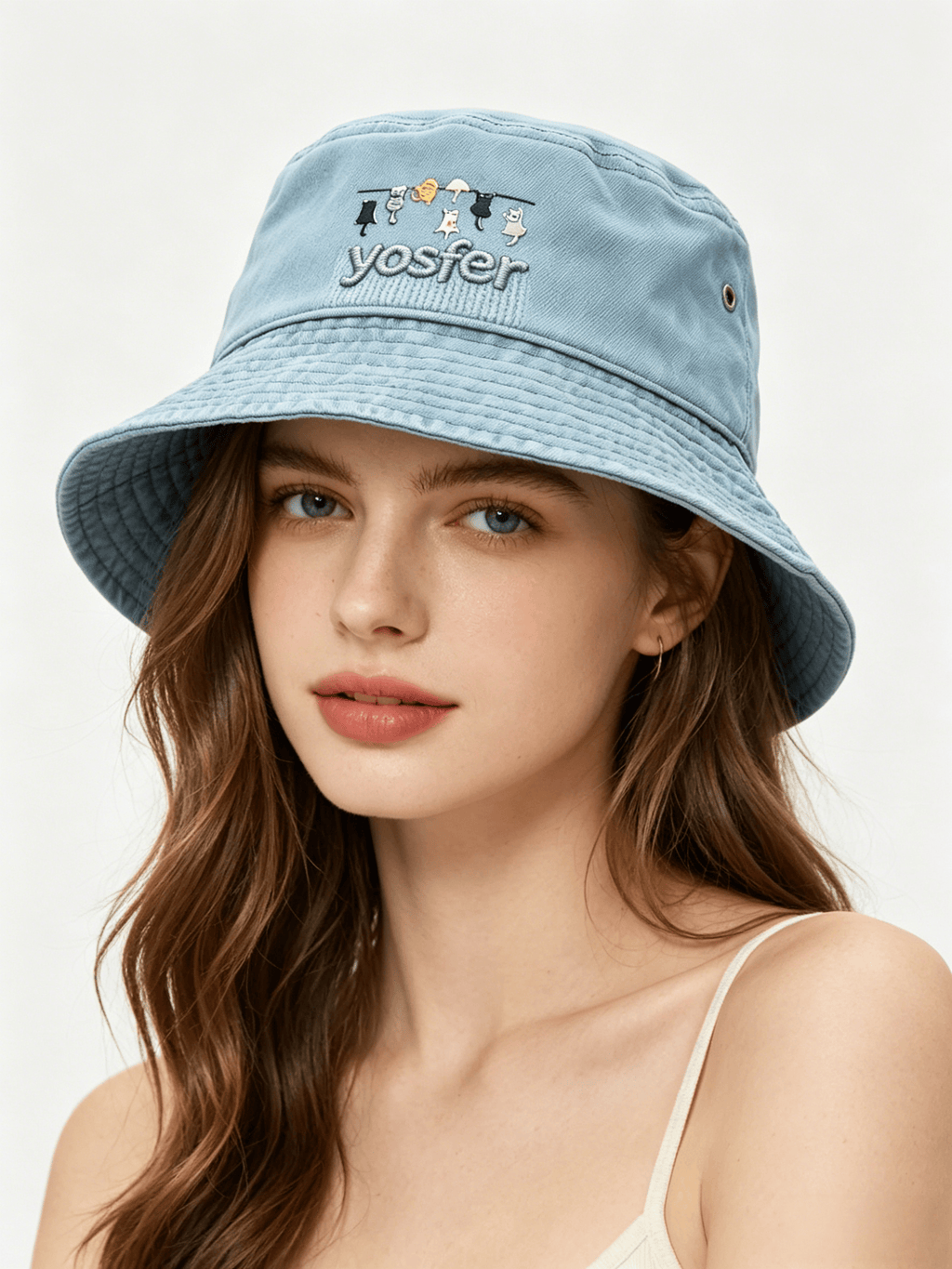 Yosfer Light Blue Cute Cats On A Line Embroidered Fisherman Hat